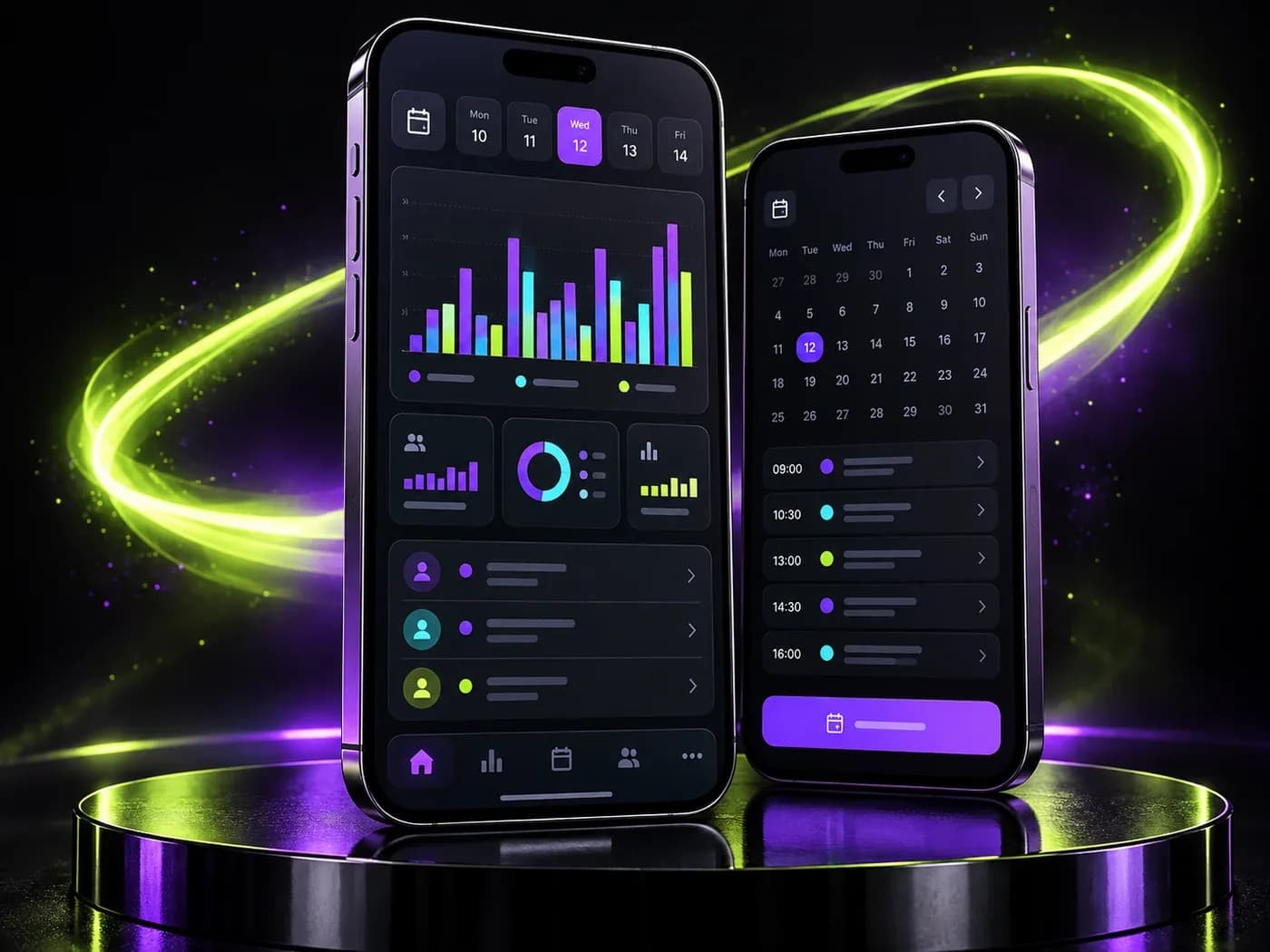 Two graphite phones with dashboard and booking interfaces, surrounded by lime and violet light trails
